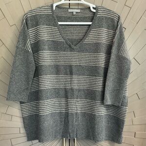 Neiman Marcus Cashmere Gray w/ Metallic Champagne Stripes V-Neck Sweater